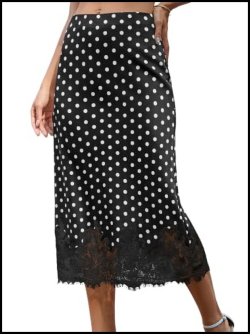 Women Satin Midi Skirt Elastic Waist A-Line Lace Trim 97%polyester 3%Elastane